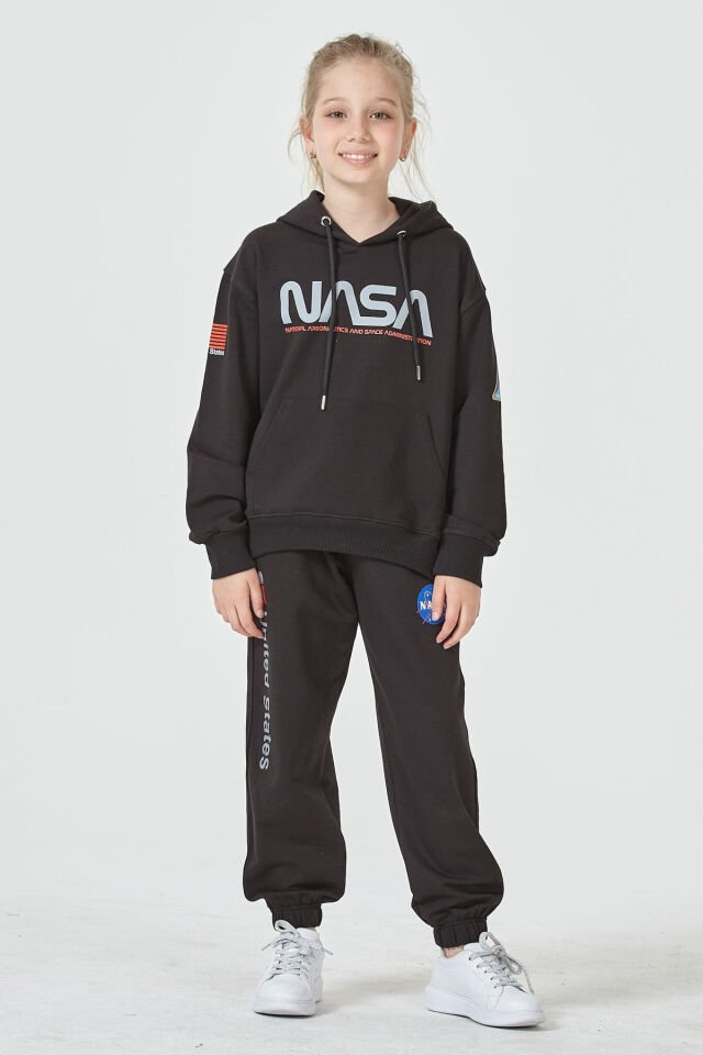 KIZ ÇOCUK UNİSEX  NASA BASKI DETAYLI OVERSİZE KAPÜŞONLU ÇOCUK EŞOFMAN TAKIMI SİYAH - 9-10 Yaş