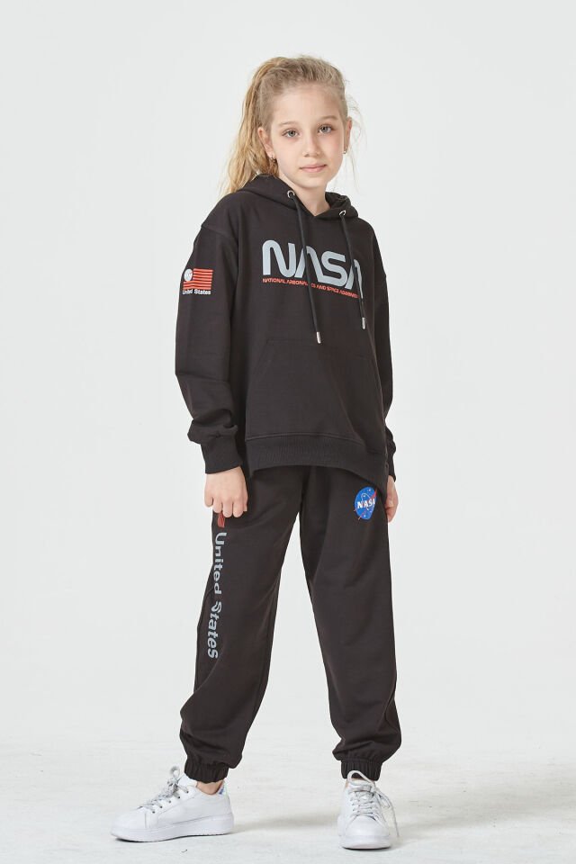 KIZ ÇOCUK UNİSEX  NASA BASKI DETAYLI OVERSİZE KAPÜŞONLU ÇOCUK EŞOFMAN TAKIMI SİYAH - 9-10 Yaş
