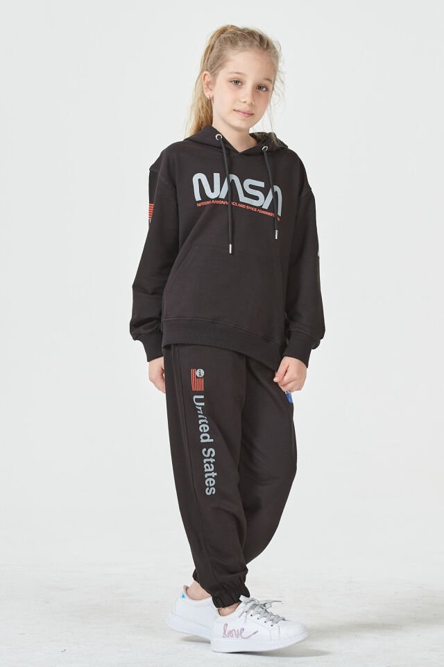 KIZ ÇOCUK UNİSEX  NASA BASKI DETAYLI OVERSİZE KAPÜŞONLU ÇOCUK EŞOFMAN TAKIMI SİYAH - 9-10 Yaş