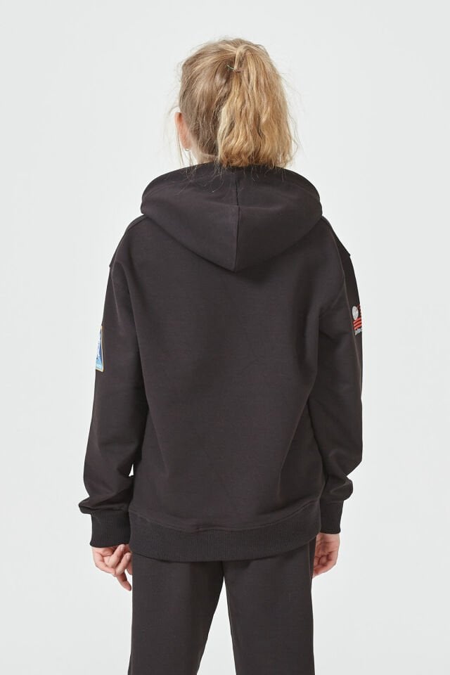 Kız Çocuk Şardonsuz 2 İplik Baskılı Kapüşonlu Spor Eşofman Takımı – Normal Kalıp SİYAH - 9-10 Yaş