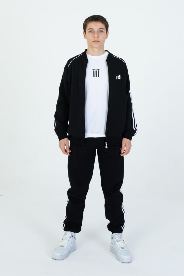 Black One Unisex Çocuk Eşofman Takımı 9‑15 Yaş – Kol Şeritli, Fermuarlı ve Çift Cepli 3’lü Set