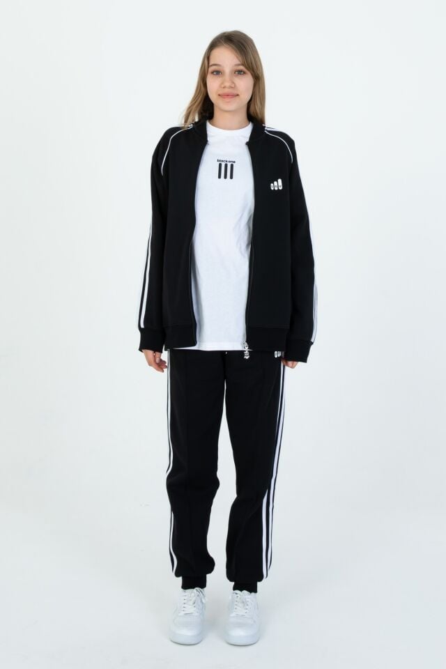 Black One Unisex Çocuk Eşofman Takımı 9‑15 Yaş – Kol Şeritli, Fermuarlı ve Çift Cepli 3’lü Set