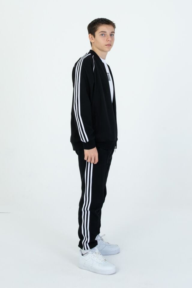 Black One Unisex Çocuk Eşofman Takımı 9‑15 Yaş – Kol Şeritli, Fermuarlı ve Çift Cepli 3’lü Set