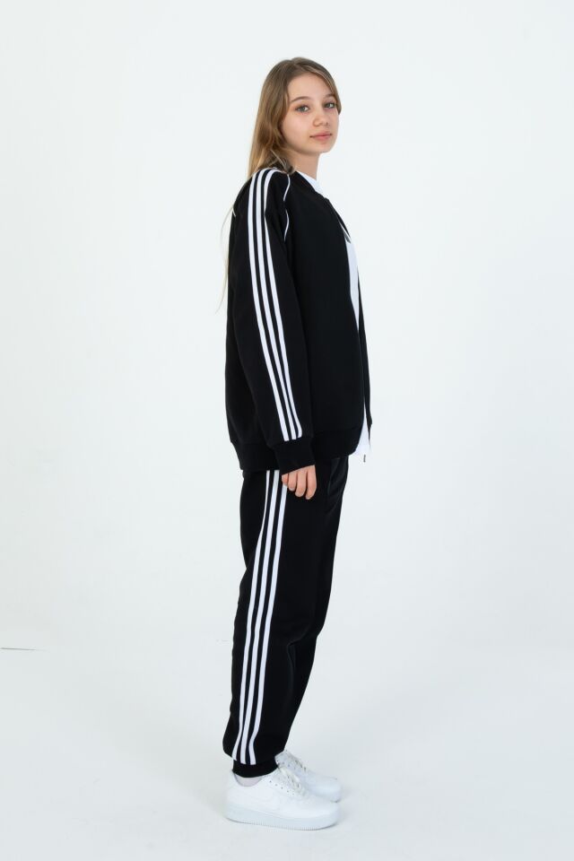 Black One Unisex Çocuk Eşofman Takımı 9‑15 Yaş – Kol Şeritli, Fermuarlı ve Çift Cepli 3’lü Set