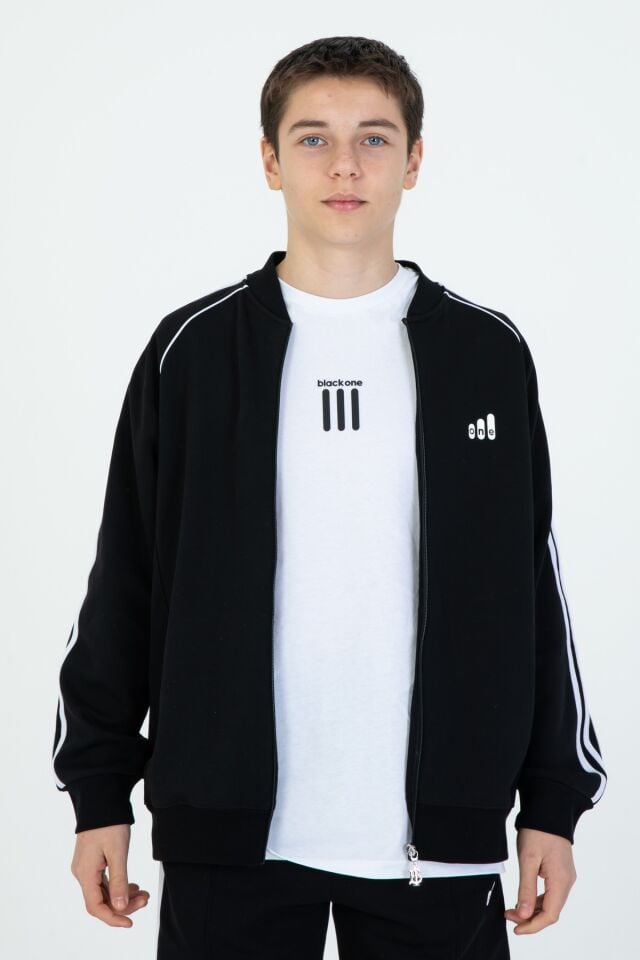 Black One Unisex Çocuk Eşofman Takımı 9‑15 Yaş – Kol Şeritli, Fermuarlı ve Çift Cepli 3’lü Set