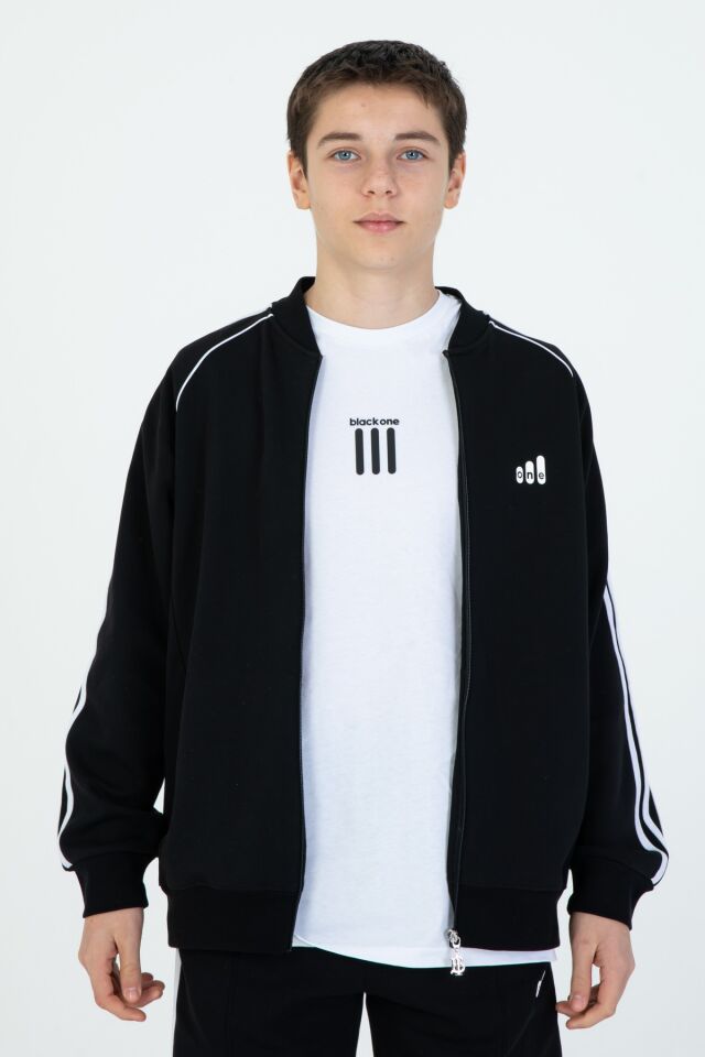 Black One Unisex Çocuk Eşofman Takımı 9‑15 Yaş – Kol Şeritli, Fermuarlı ve Çift Cepli 3’lü Set