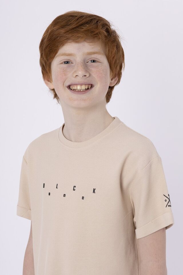 Baskılı Cep Detaylı Erkek Çocuk Yazlık Bisiklet Yaka T-shırt 8-9 Yaş - BEJ