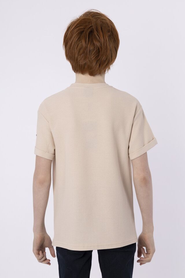 Baskılı Cep Detaylı Erkek Çocuk Yazlık Bisiklet Yaka T-shırt 8-9 Yaş - BEJ