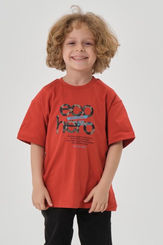 Bisiklet Yaka Baskılı Erkek Çocuk T-shırt KİREMİT - 5-6 Yaş