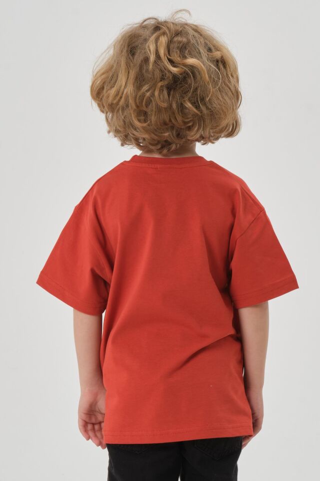 Bisiklet Yaka Baskılı Erkek Çocuk T-shırt KİREMİT - 5-6 Yaş
