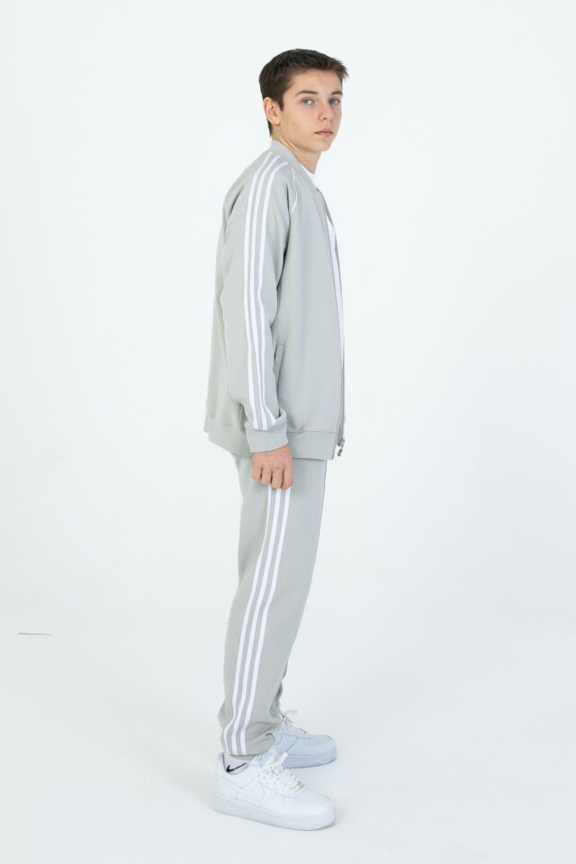 Black One Unisex Çocuk Eşofman Takımı 9‑15 Yaş – Kol Şeritli, Fermuarlı ve Çift Cepli 3’lü Set BOYAMA GRİ - 9-10 Yaş