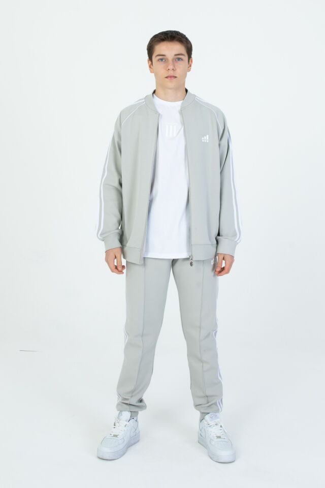 Black One Unisex Çocuk Eşofman Takımı 9‑15 Yaş – Kol Şeritli, Fermuarlı ve Çift Cepli 3’lü Set BOYAMA GRİ - 10-11 Yaş