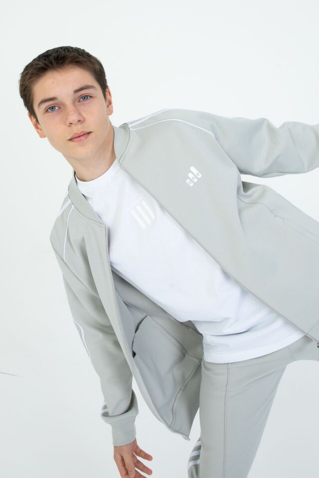 Black One Unisex Çocuk Eşofman Takımı 9‑15 Yaş – Kol Şeritli, Fermuarlı ve Çift Cepli 3’lü Set BOYAMA GRİ - 10-11 Yaş