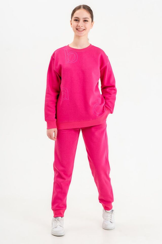 Bisiklet Yaka Üç İplilk Kalın Kumaştan Unisex Çocuk Eşofman Takım FUŞYA - 6-7 Yaş