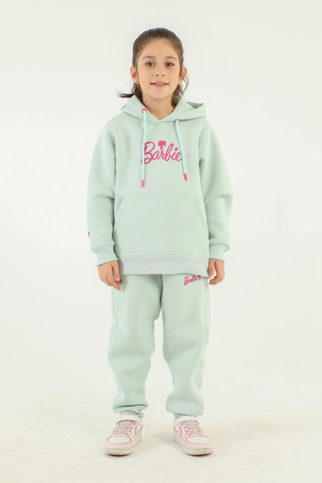 Kapüşonlu Barbie Baskı Detaylı Kız Çocuk Eşofman Takımı MİNT YEŞİLİ - 7-8 Yaş