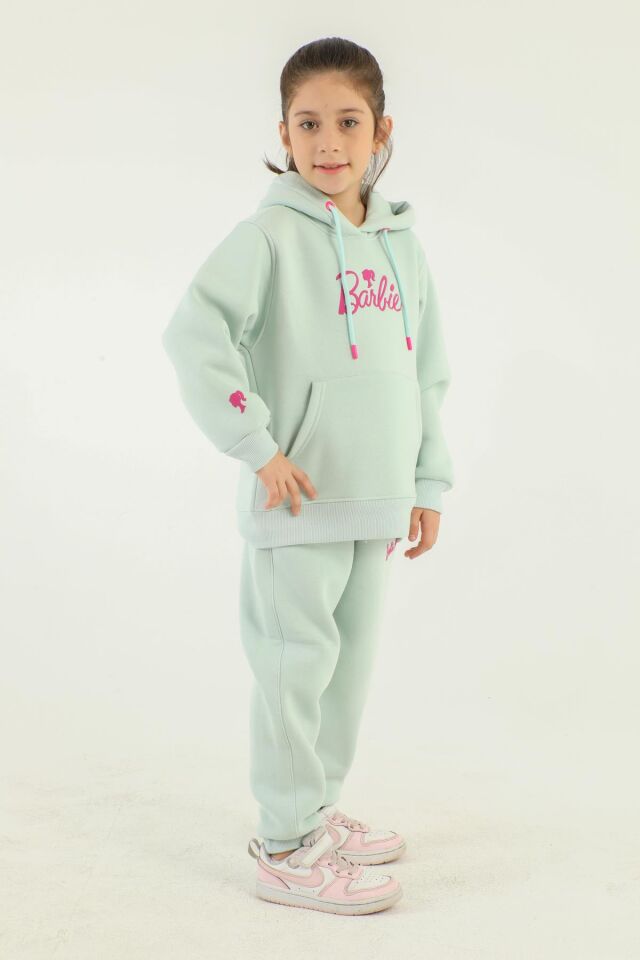 Kapüşonlu Barbie Baskı Detaylı Kız Çocuk Eşofman Takımı MİNT YEŞİLİ - 7-8 Yaş