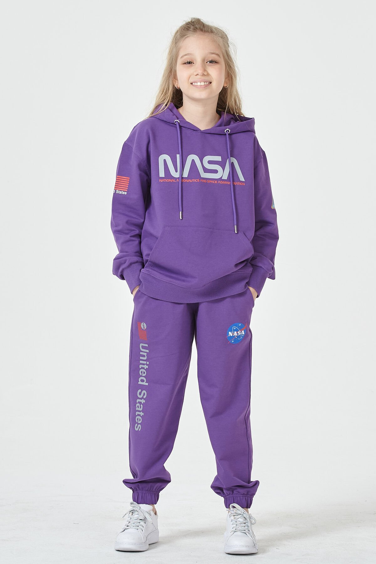 KIZ ÇOCUK UNİSEX  NASA BASKI DETAYLI OVERSİZE KAPÜŞONLU ÇOCUK EŞOFMAN TAKIMI MOR - 2-3 Yaş