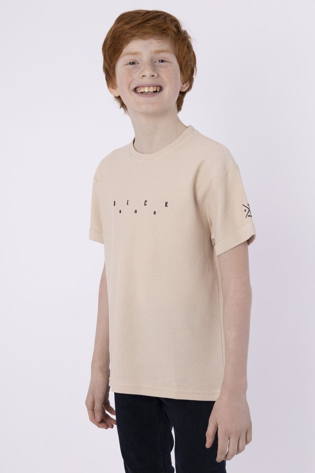 Baskılı Cep Detaylı Erkek Çocuk Yazlık Bisiklet Yaka T-shırt 10-11 Yaş - BEJ