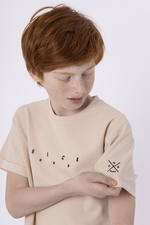 Baskılı Cep Detaylı Erkek Çocuk Yazlık Bisiklet Yaka T-shırt 10-11 Yaş - BEJ