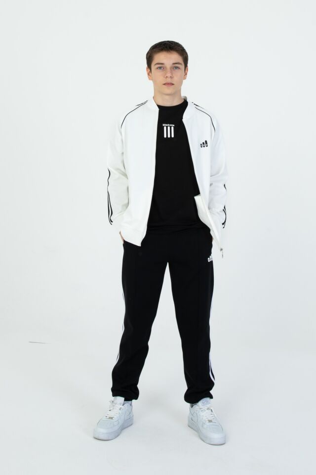 Black One Unisex Çocuk Eşofman Takımı 9‑15 Yaş – Kol Şeritli, Fermuarlı ve Çift Cepli 3’lü Set EKRU - 9-10 Yaş