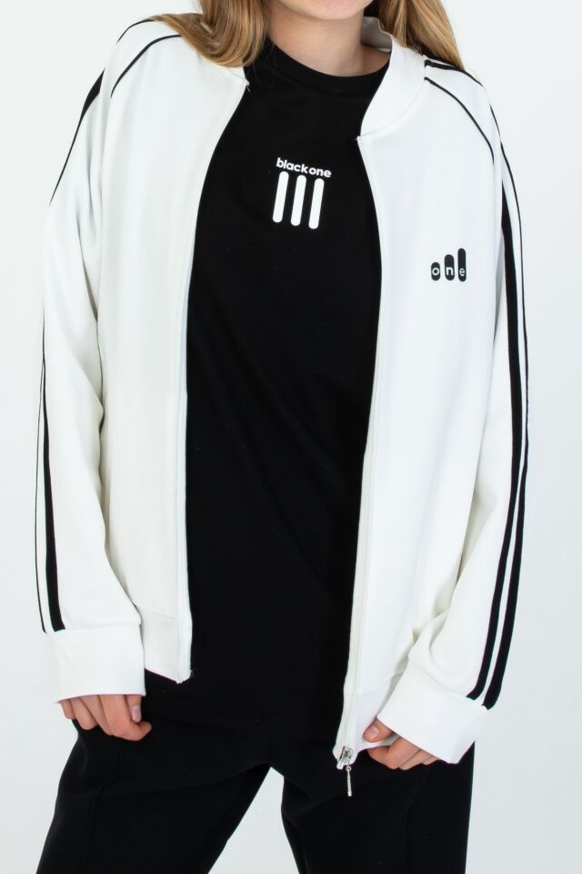 Black One Unisex Çocuk Eşofman Takımı 9‑15 Yaş – Kol Şeritli, Fermuarlı ve Çift Cepli 3’lü Set EKRU - 9-10 Yaş