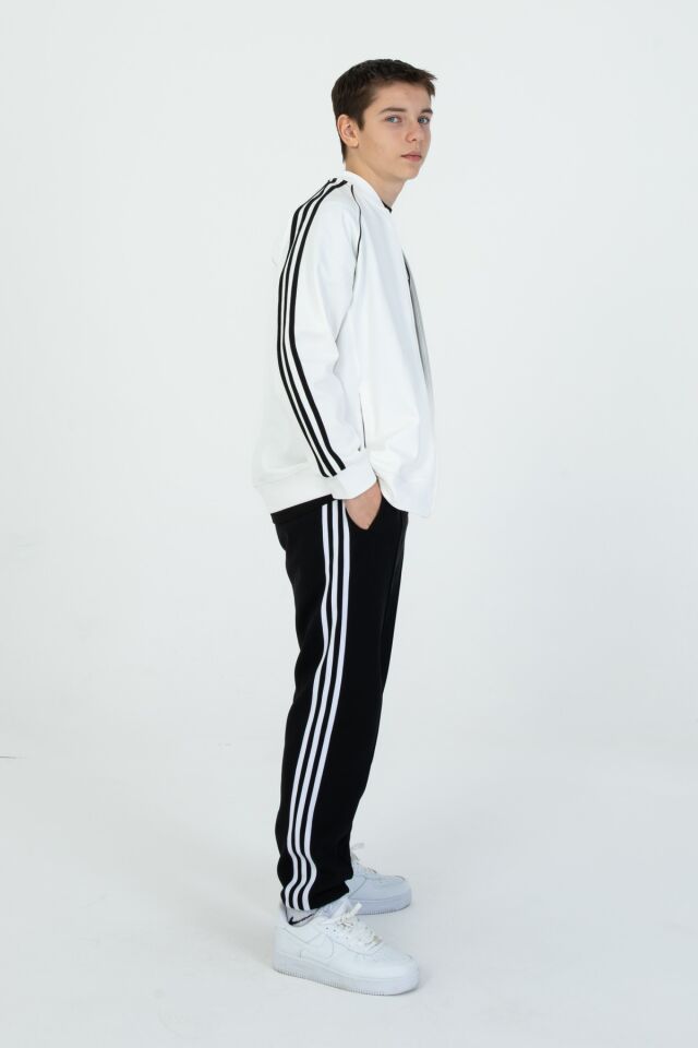 Black One Unisex Çocuk Eşofman Takımı 9‑15 Yaş – Kol Şeritli, Fermuarlı ve Çift Cepli 3’lü Set EKRU - 9-10 Yaş