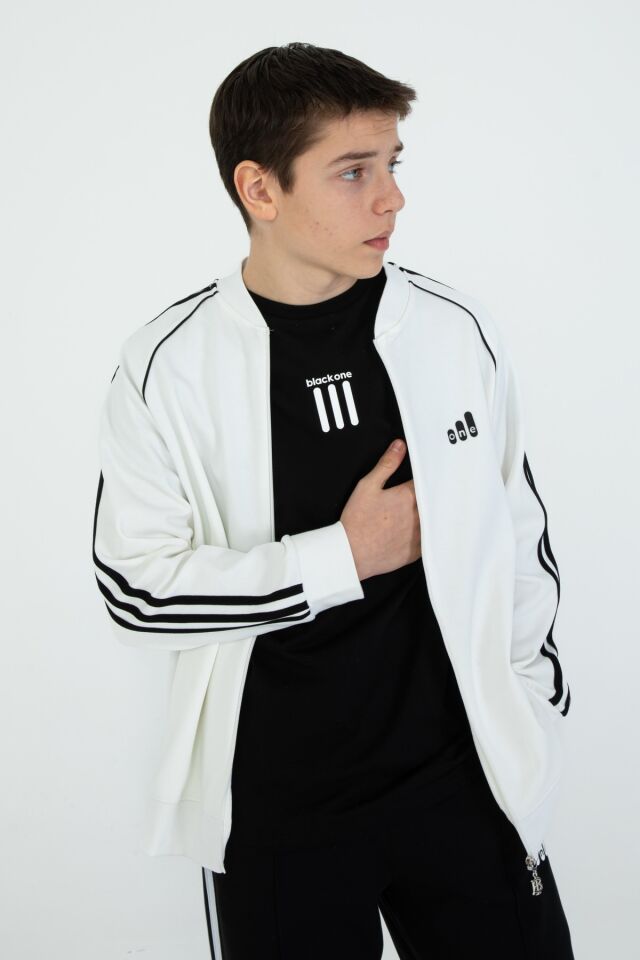 Black One Unisex Çocuk Eşofman Takımı 9‑15 Yaş – Kol Şeritli, Fermuarlı ve Çift Cepli 3’lü Set EKRU - 9-10 Yaş