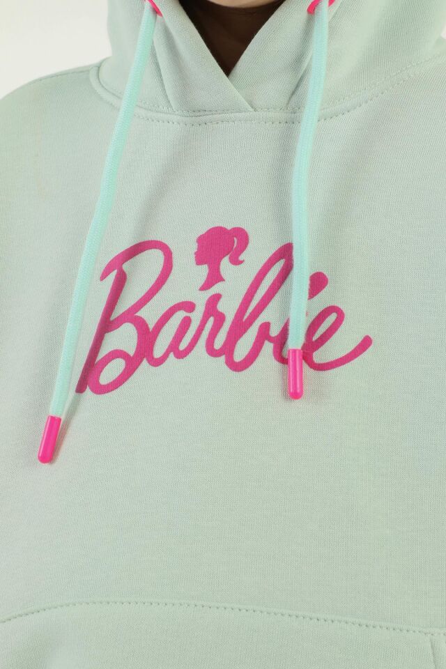Kapüşonlu Barbie Baskı Detaylı Kız Çocuk Eşofman Takımı MİNT YEŞİLİ - 9-10 Yaş
