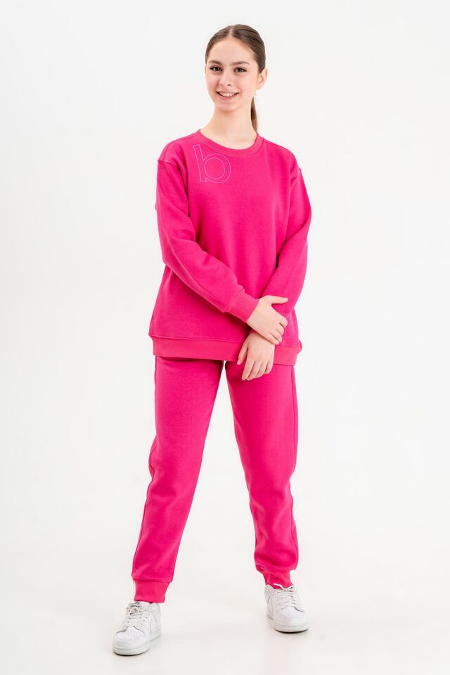 Bisiklet Yaka Üç İplilk Kalın Kumaştan Unisex Çocuk Eşofman Takım FUŞYA - 11-12 Yaş