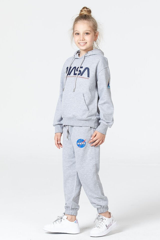 Kız Çocuk Şardonsuz 2 İplik Baskılı Kapüşonlu Spor Eşofman Takımı – Normal Kalıp GRİ - 2-3 Yaş