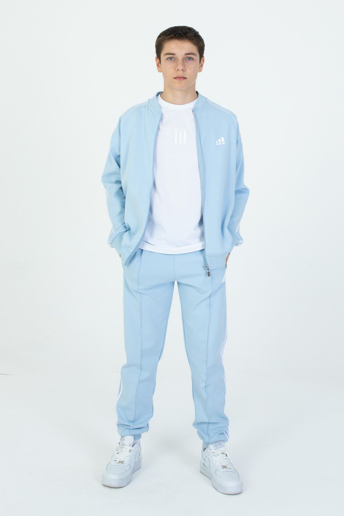 Black One Unisex Çocuk Eşofman Takımı 9‑15 Yaş – Kol Şeritli, Fermuarlı ve Çift Cepli 3’lü Set MAVİ - 10-11 Yaş