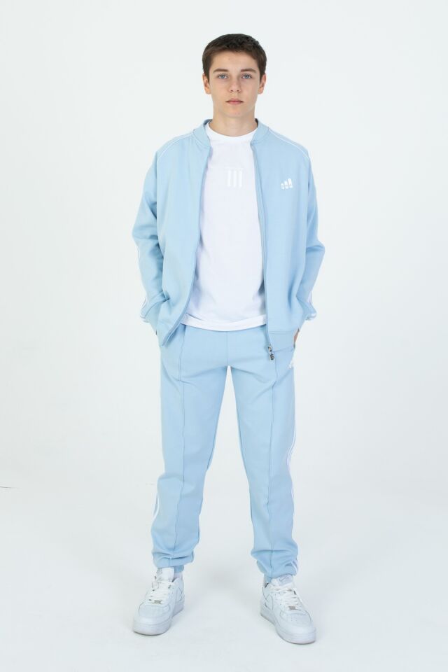 Black One Unisex Çocuk Eşofman Takımı 9‑15 Yaş – Kol Şeritli, Fermuarlı ve Çift Cepli 3’lü Set MAVİ - 10-11 Yaş