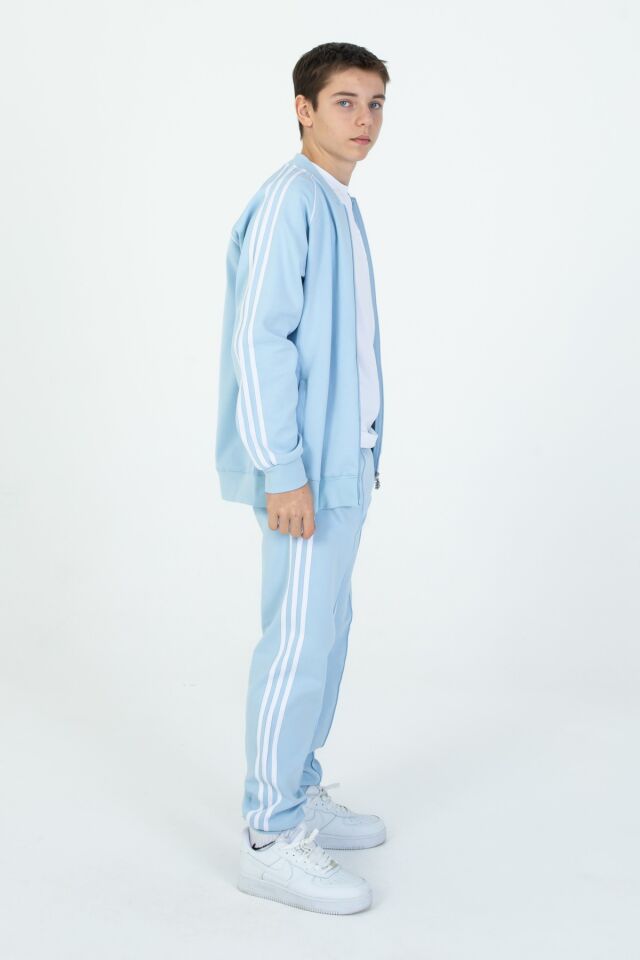 Black One Unisex Çocuk Eşofman Takımı 9‑15 Yaş – Kol Şeritli, Fermuarlı ve Çift Cepli 3’lü Set MAVİ - 10-11 Yaş