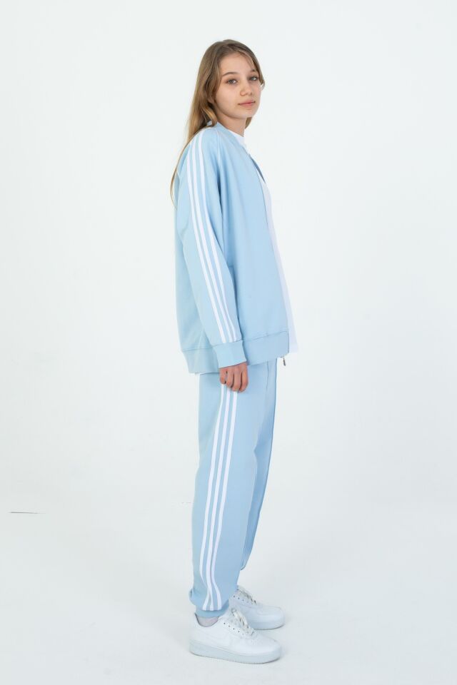 Black One Unisex Çocuk Eşofman Takımı 9‑15 Yaş – Kol Şeritli, Fermuarlı ve Çift Cepli 3’lü Set MAVİ - 10-11 Yaş