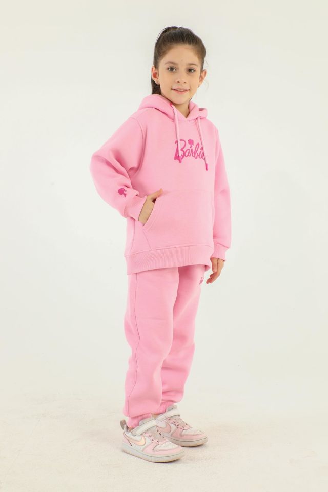 Kapüşonlu Barbie Baskı Detaylı Kız Çocuk Eşofman Takımı PEMBE - 3-4 Yaş