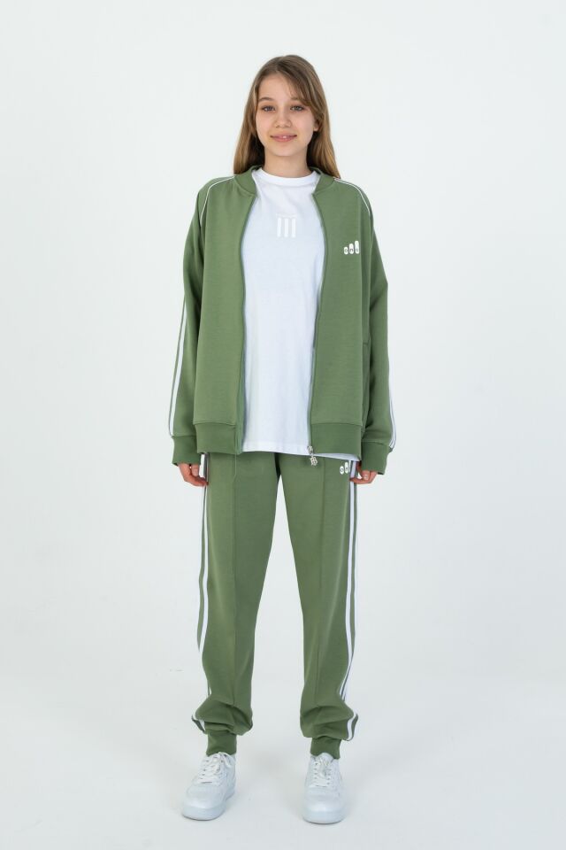 Black One Unisex Çocuk Eşofman Takımı 9‑15 Yaş – Kol Şeritli, Fermuarlı ve Çift Cepli 3’lü Set HAKİ - 10-11 Yaş