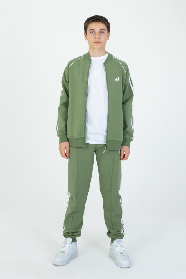 Black One Unisex Çocuk Eşofman Takımı 9‑15 Yaş – Kol Şeritli, Fermuarlı ve Çift Cepli 3’lü Set HAKİ - 10-11 Yaş