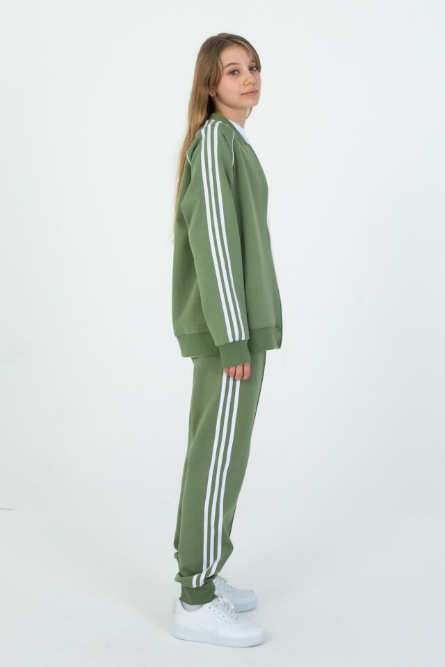 Black One Unisex Çocuk Eşofman Takımı 9‑15 Yaş – Kol Şeritli, Fermuarlı ve Çift Cepli 3’lü Set HAKİ - 10-11 Yaş