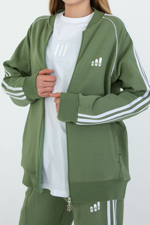 Black One Unisex Çocuk Eşofman Takımı 9‑15 Yaş – Kol Şeritli, Fermuarlı ve Çift Cepli 3’lü Set HAKİ - 10-11 Yaş