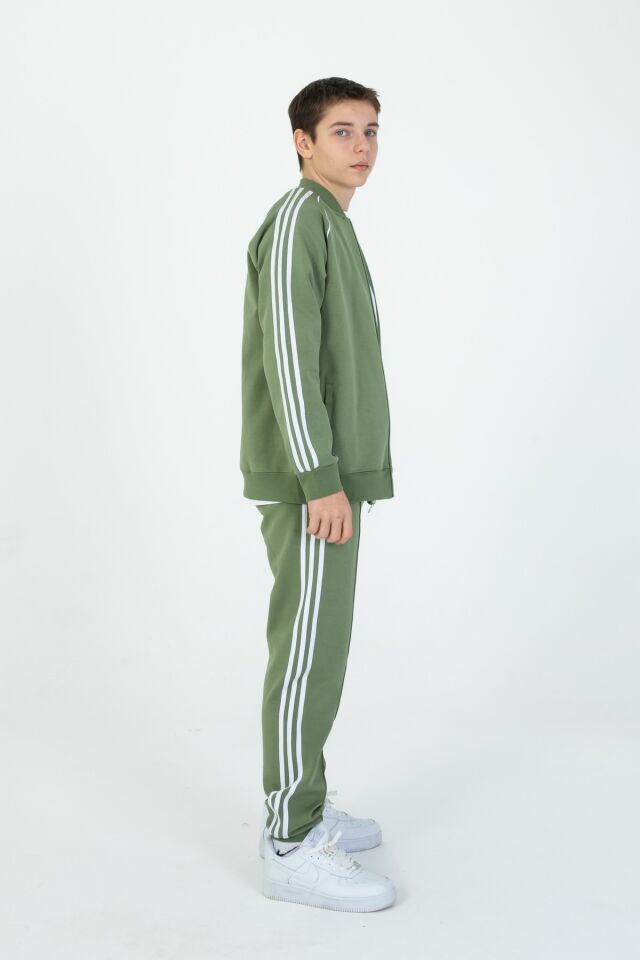 Black One Unisex Çocuk Eşofman Takımı 9‑15 Yaş – Kol Şeritli, Fermuarlı ve Çift Cepli 3’lü Set HAKİ - 10-11 Yaş