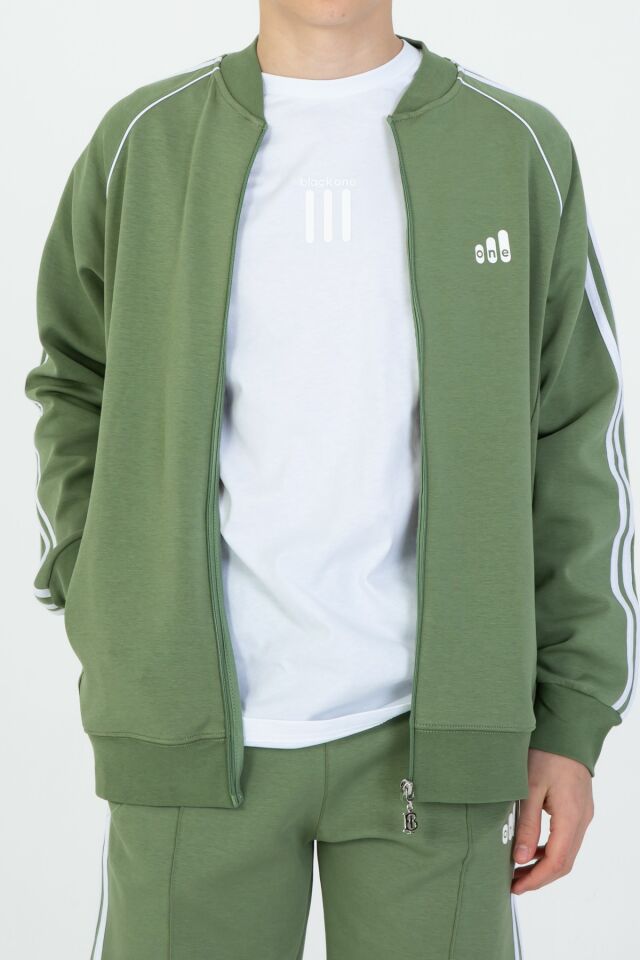 Black One Unisex Çocuk Eşofman Takımı 9‑15 Yaş – Kol Şeritli, Fermuarlı ve Çift Cepli 3’lü Set HAKİ - 10-11 Yaş