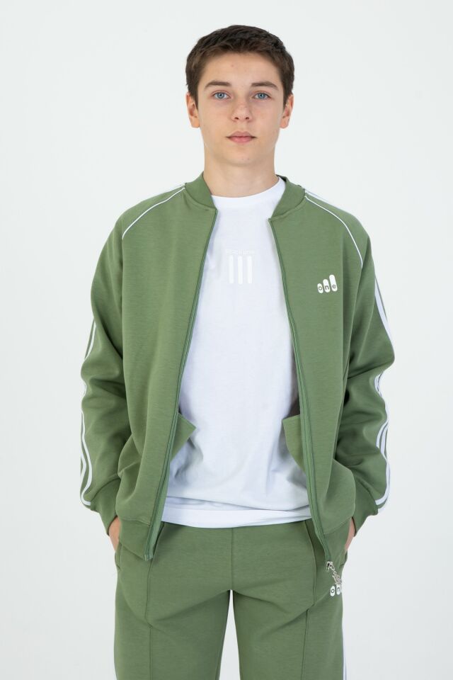 Black One Unisex Çocuk Eşofman Takımı 9‑15 Yaş – Kol Şeritli, Fermuarlı ve Çift Cepli 3’lü Set HAKİ - 10-11 Yaş