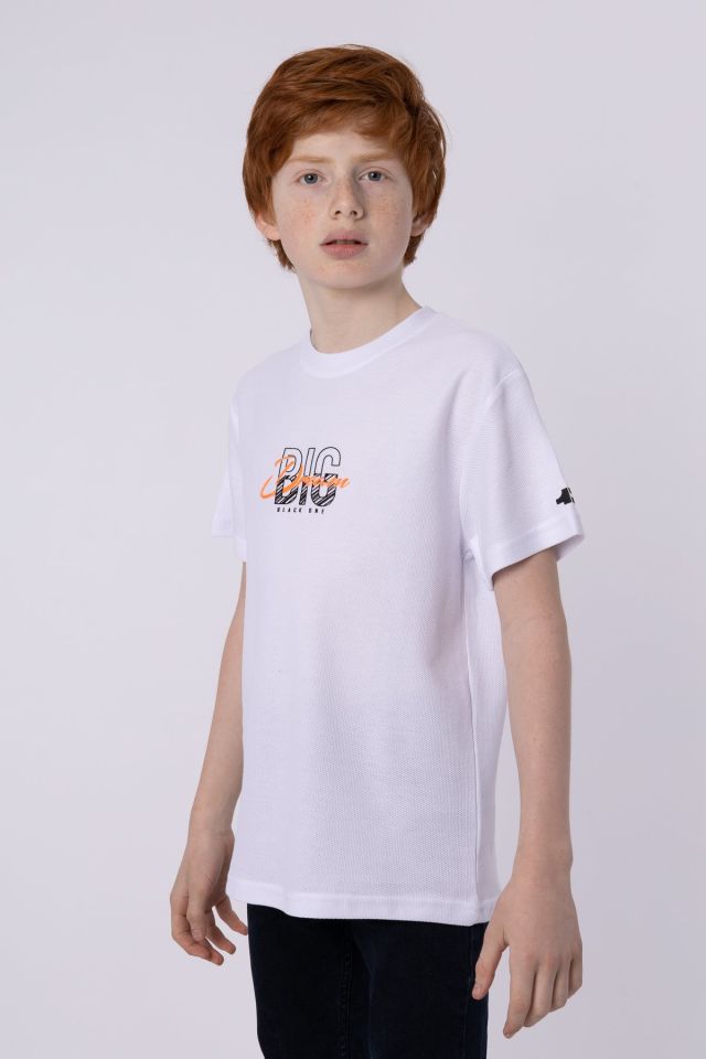 %100 PAMUKLU PETEK KUMAŞTAN TERLETMEYEN BASKILI CEP DETAYLI ERKEK ÇOCUK YAZLIK BİSİKLET YAKA T-SHIRT