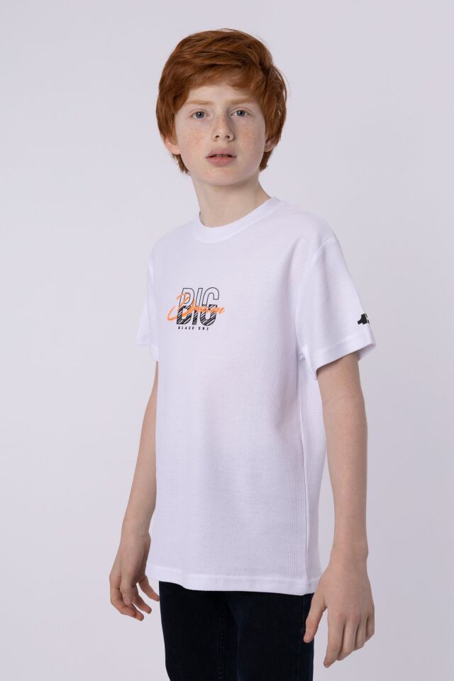 %100 PAMUKLU PETEK KUMAŞTAN TERLETMEYEN BASKILI CEP DETAYLI ERKEK ÇOCUK YAZLIK BİSİKLET YAKA T-SHIRT