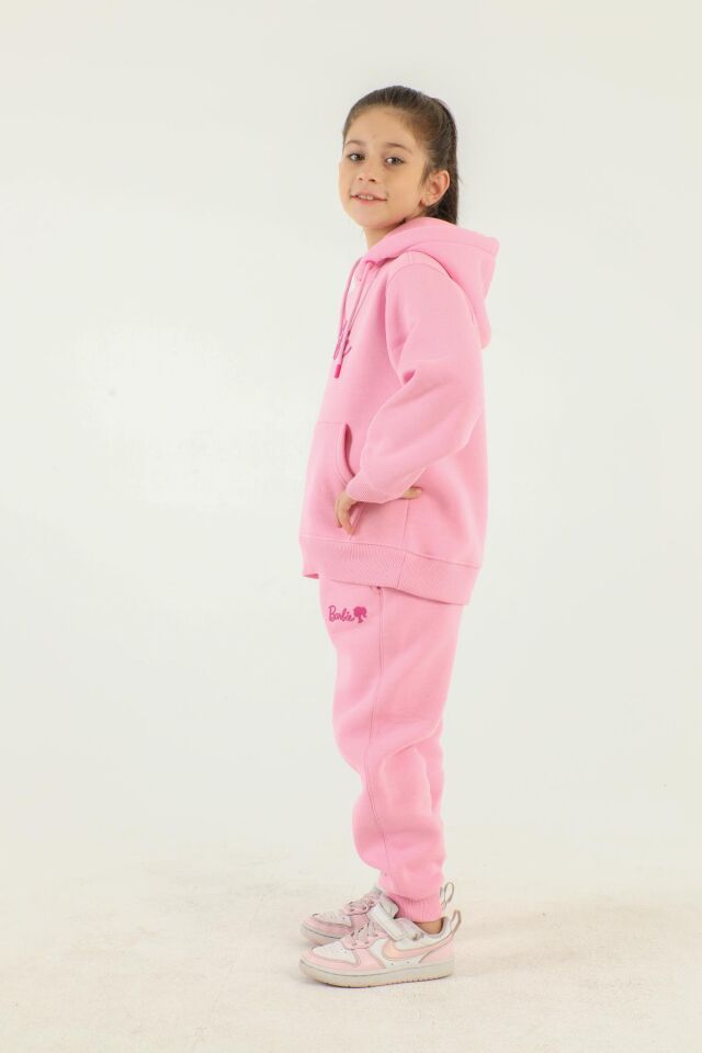 Kapüşonlu Barbie Baskı Detaylı Kız Çocuk Eşofman Takımı PEMBE - 12-13 Yaş