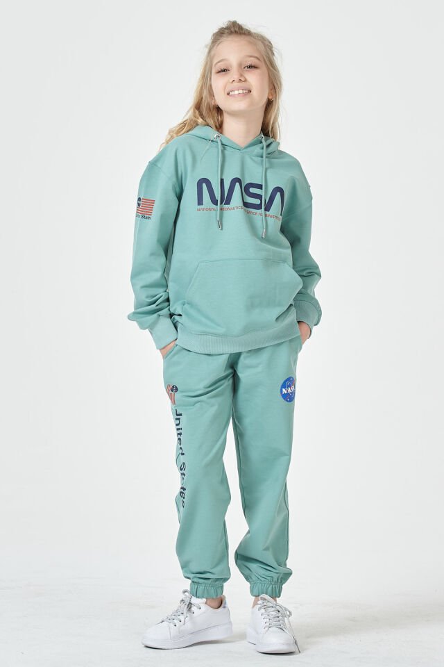 Kız Çocuk Şardonsuz 2 İplik Baskılı Kapüşonlu Spor Eşofman Takımı – Normal Kalıp ÇAĞLA - 9-10 Yaş