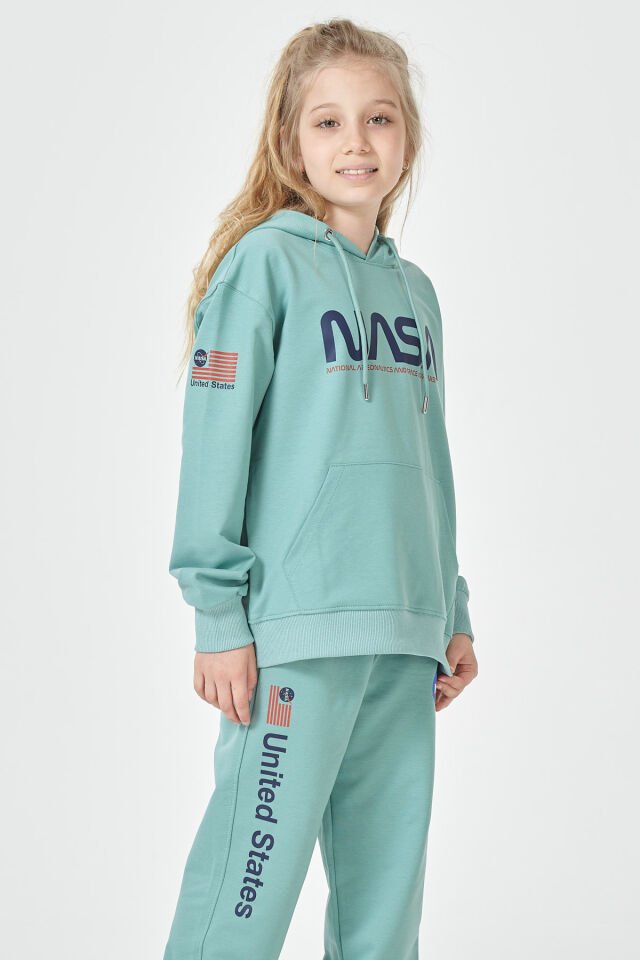 Kız Çocuk Şardonsuz 2 İplik Baskılı Kapüşonlu Spor Eşofman Takımı – Normal Kalıp ÇAĞLA - 9-10 Yaş