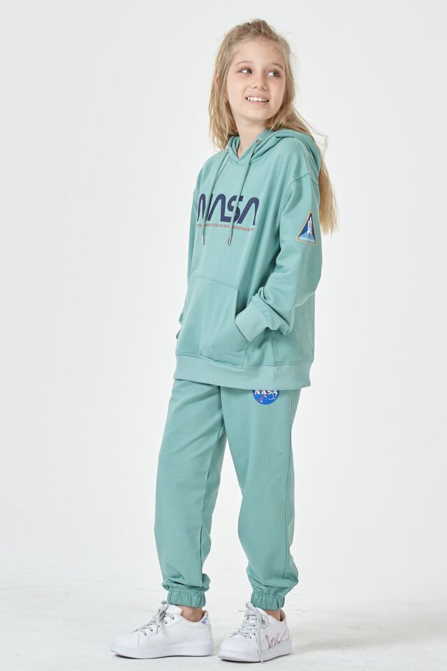 Kız Çocuk Şardonsuz 2 İplik Baskılı Kapüşonlu Spor Eşofman Takımı – Normal Kalıp ÇAĞLA - 9-10 Yaş