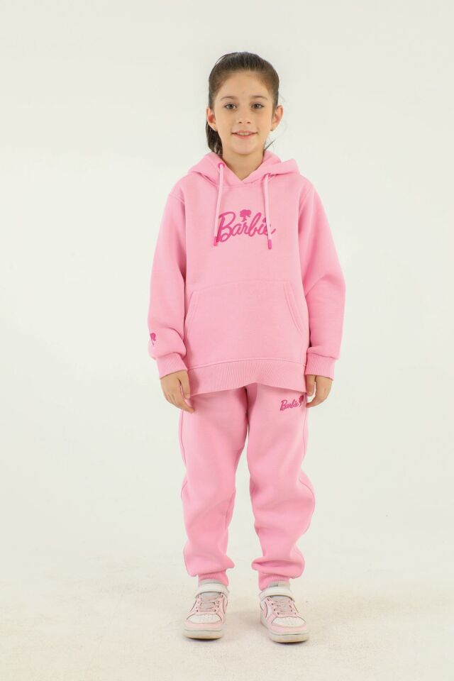 Kapüşonlu Barbie Baskı Detaylı Kız Çocuk Eşofman Takımı PEMBE - 13-14 Yaş