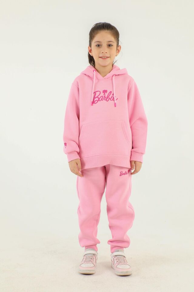 Kapüşonlu Barbie Baskı Detaylı Kız Çocuk Eşofman Takımı PEMBE - 13-14 Yaş